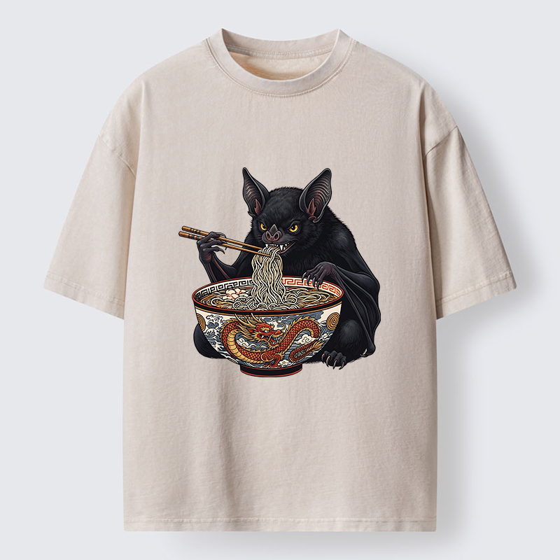 Tokyo-Tiger Bat Eating Ramen Washed T-Shirt