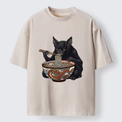 Tokyo-Tiger Bat Eating Ramen Washed T-Shirt