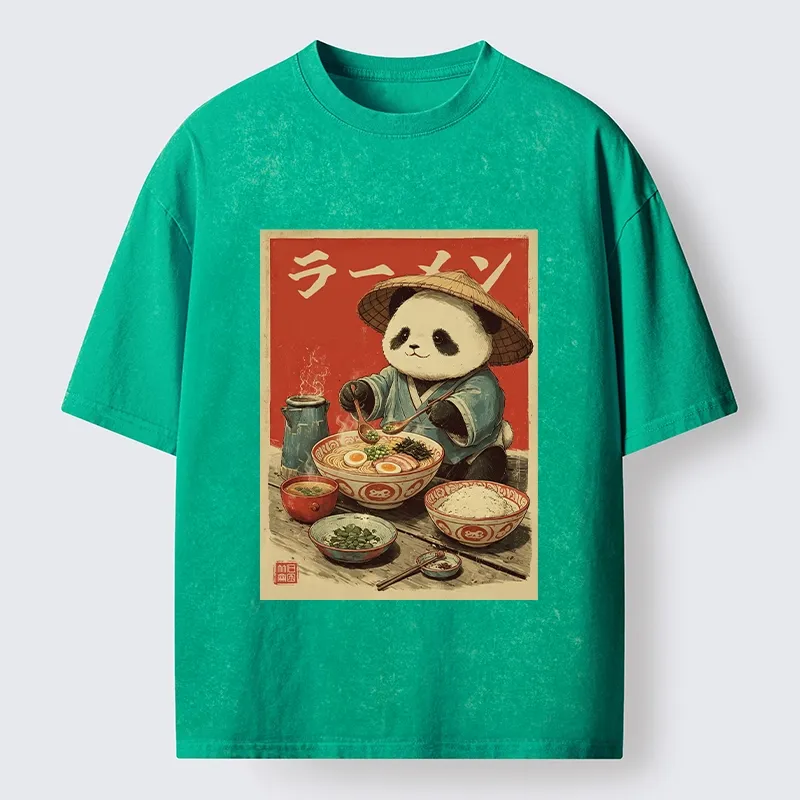 Tokyo-Tiger Panda Enjoying Ramen Washed T-Shirt