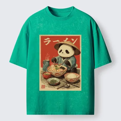 Tokyo-Tiger Panda Enjoying Ramen Washed T-Shirt