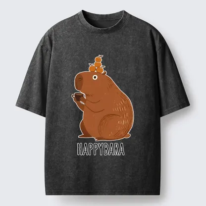 Tokyo-Tiger Cute Capybara Drinking Coffee Washed T-Shirt