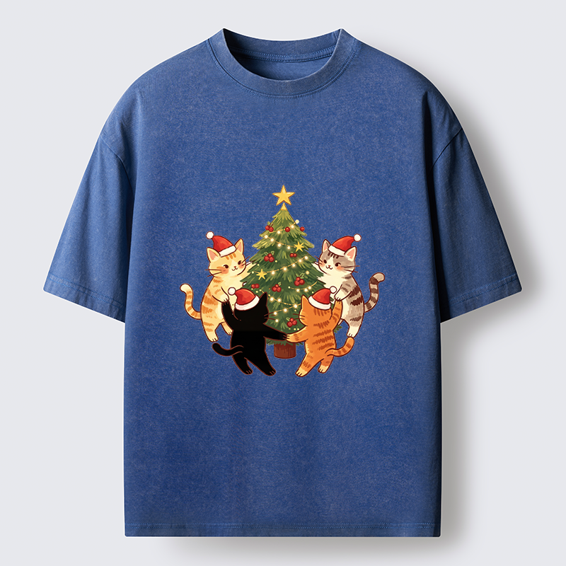 Tokyo-Tiger Cat Christmas Tree Party Washed T-Shirt