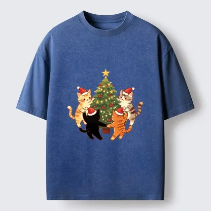 Tokyo-Tiger Cat Christmas Tree Party Washed T-Shirt