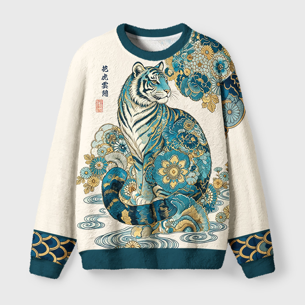 Tokyo-Tiger Cloud‑Resting Floral Fuzzy Christmas Ugly Sweatshirt