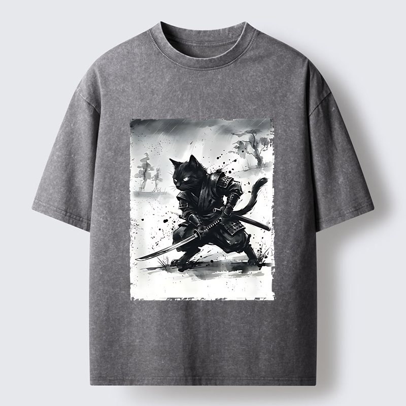 Tokyo-Tiger Ink Samurai Cat Art Washed T-Shirt