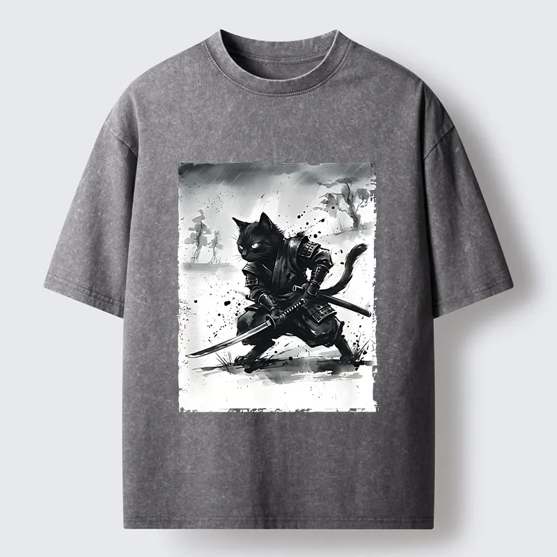 Tokyo-Tiger Ink Samurai Cat Art Washed T-Shirt