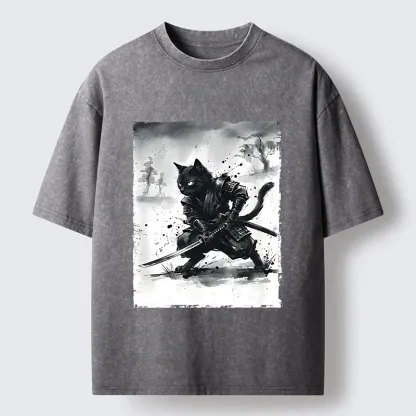 Tokyo-Tiger Ink Samurai Cat Art Washed T-Shirt