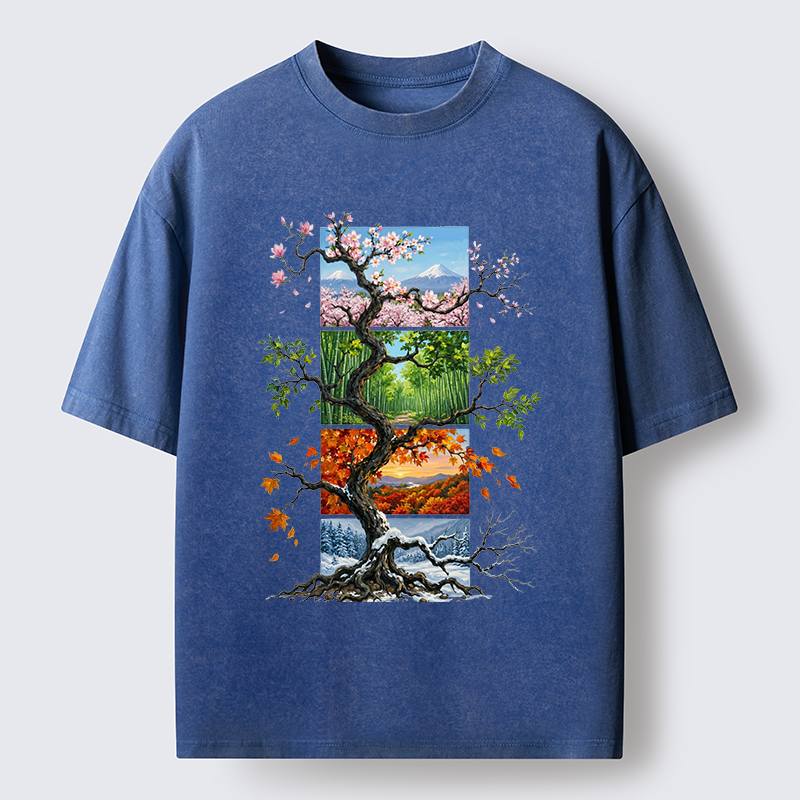 Tokyo-Tiger Nature Four Seasons Tree Art Washed T-Shirt