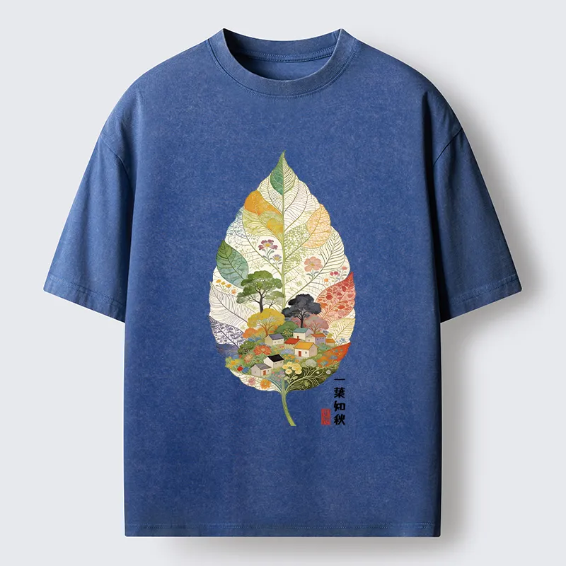 Tokyo-Tiger Autumn Leaf Village Scenery Art Washed T-Shirt