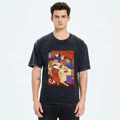 Tokyo-Tiger Cats At Dinner Party Washed T-Shirt
