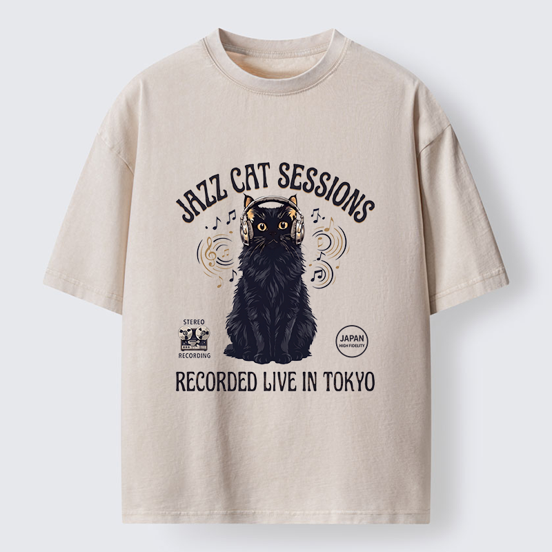 Tokyo-Tiger Jazz Cat Vibes Washed T-Shirt