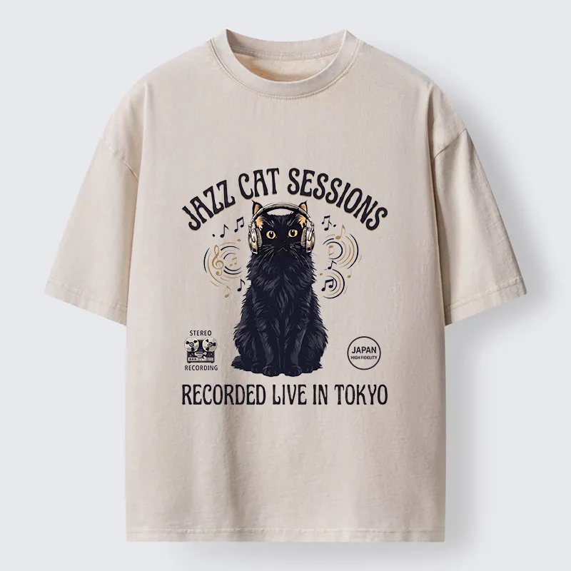 Tokyo-Tiger Jazz Cat Vibes Washed T-Shirt