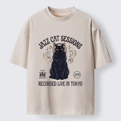 Tokyo-Tiger Jazz Cat Vibes Washed T-Shirt