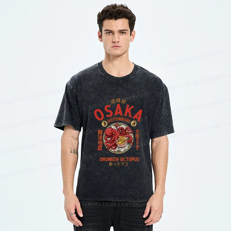 Tokyo-Tiger Osaka Octopus Eating Ramen Washed T-Shirt