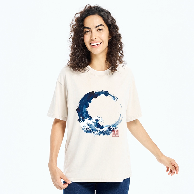 Tokyo-Tiger Zen Circle Blue Wave Art Washed T-Shirt