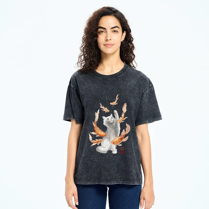 Tokyo-Tiger Fluffy Cat Chasing Koi Fish Dreams Washed T-Shirt