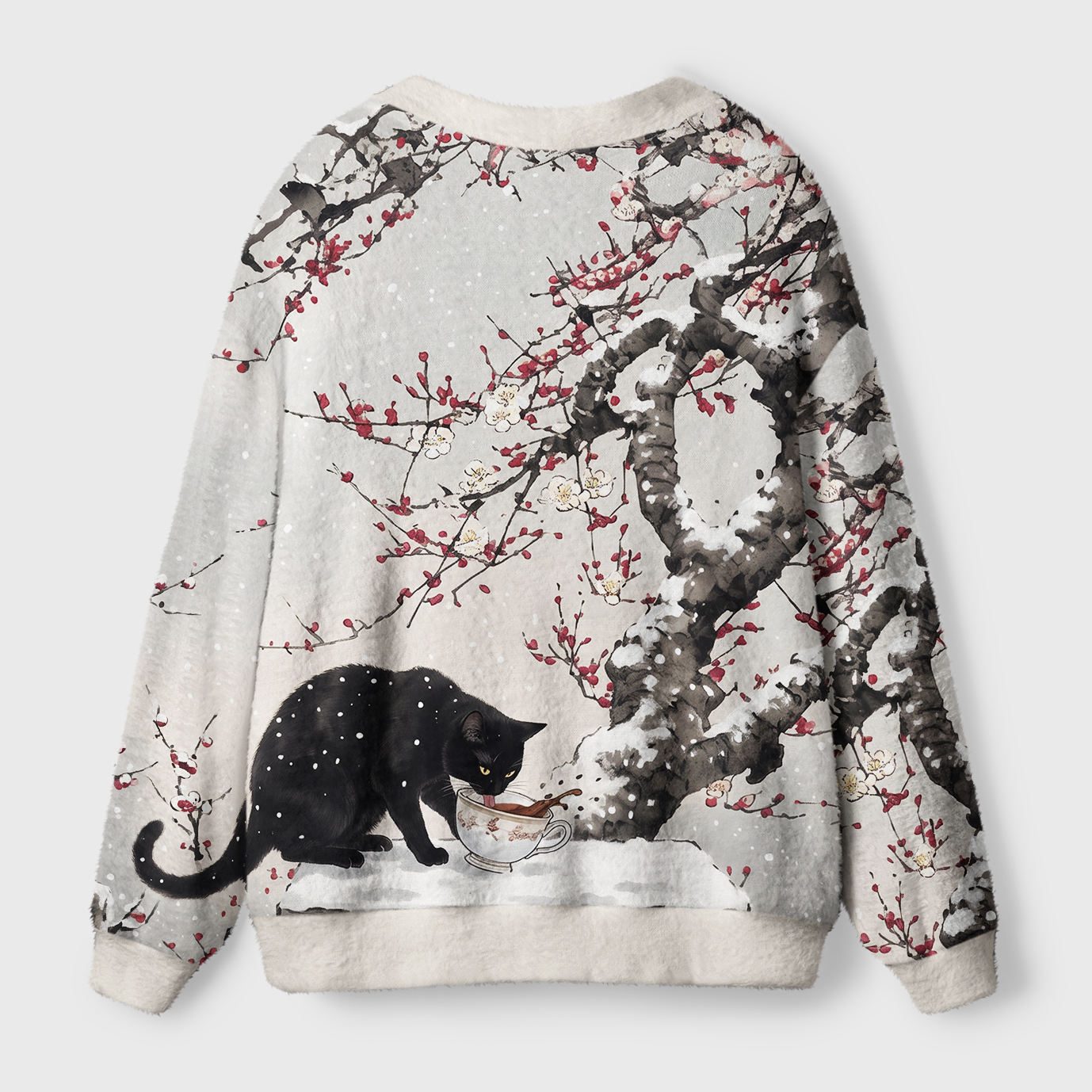 Tokyo-Tiger Ink Art Black Cat Snow Plum Ugly Cardigan Sweater