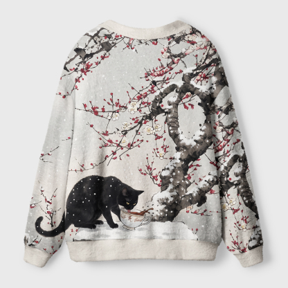 Tokyo-Tiger Ink Art Black Cat Snow Plum Ugly Cardigan Sweater