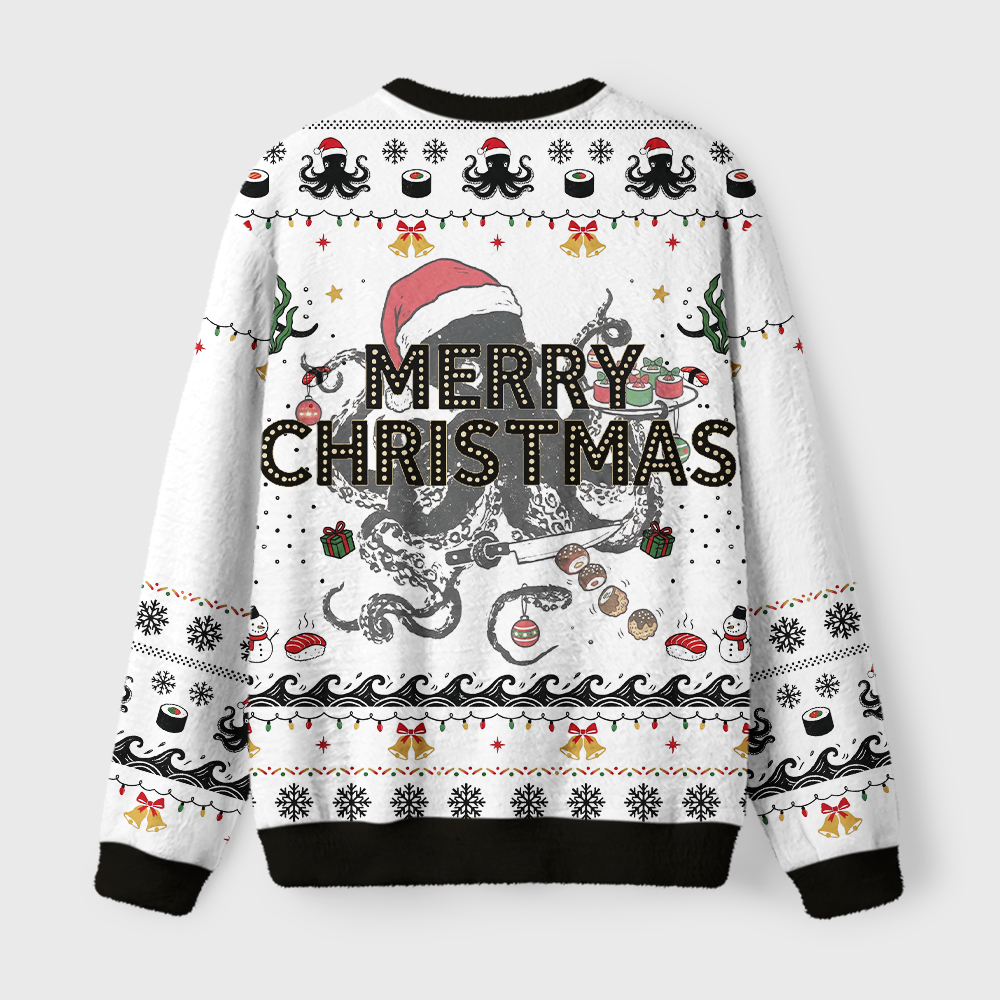 Tokyo-Tiger Octopus Making Sushi Funny Meme Fuzzy Christmas Ugly Sweatshirt
