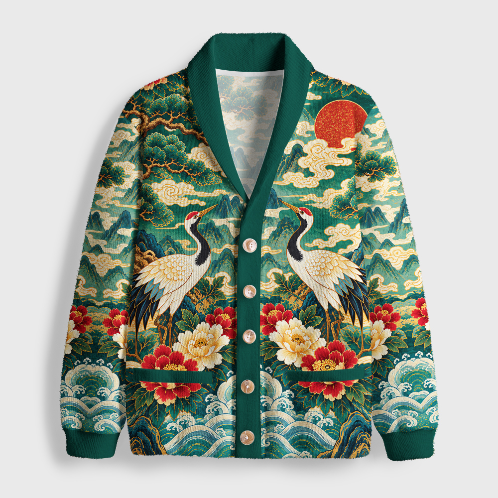 Tokyo-Tiger Vintage Oriental Red-crowned Crane Peony Shawl Collar Cardigan