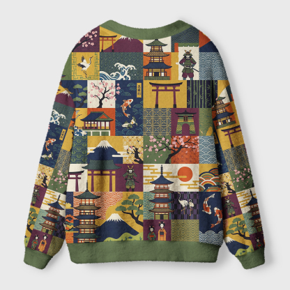 Tokyo-Tiger Japanese Ukiyo‑e Patchwork Ugly Cardigan Sweater