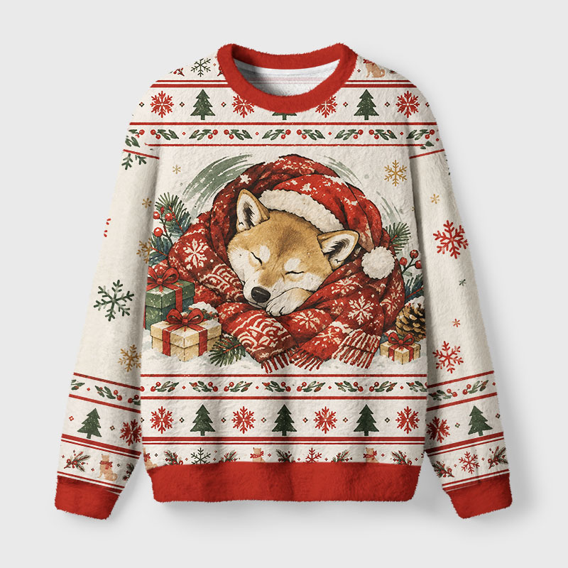 Tokyo-Tiger Sleepy Shiba Meme Fuzzy Christmas Ugly Sweatshirt