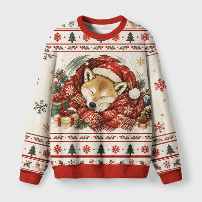 Tokyo-Tiger Sleepy Shiba Meme Fuzzy Christmas Ugly Sweatshirt