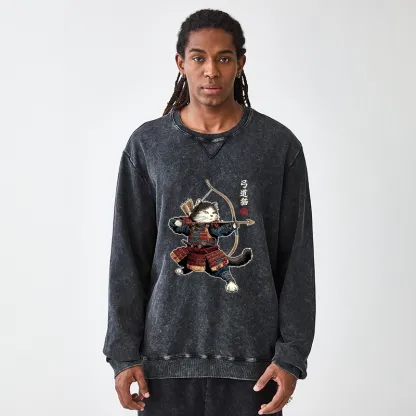 Tokyo-Tiger Kyudo Samurai Cat Washed Terry Sweatshirt