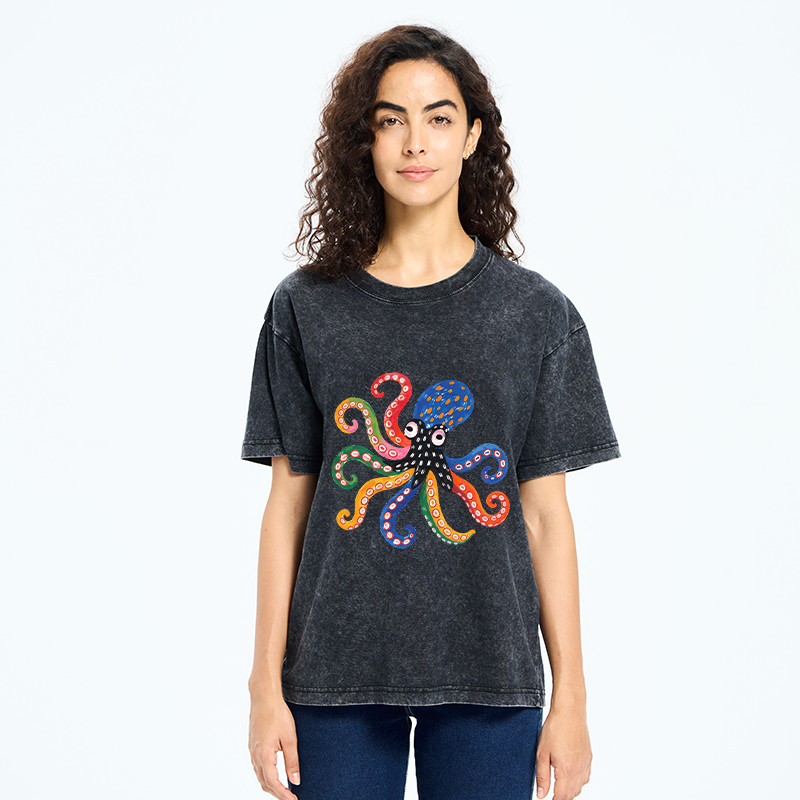 Tokyo-Tiger Bright Rainbow Octopus Washed T-Shirt