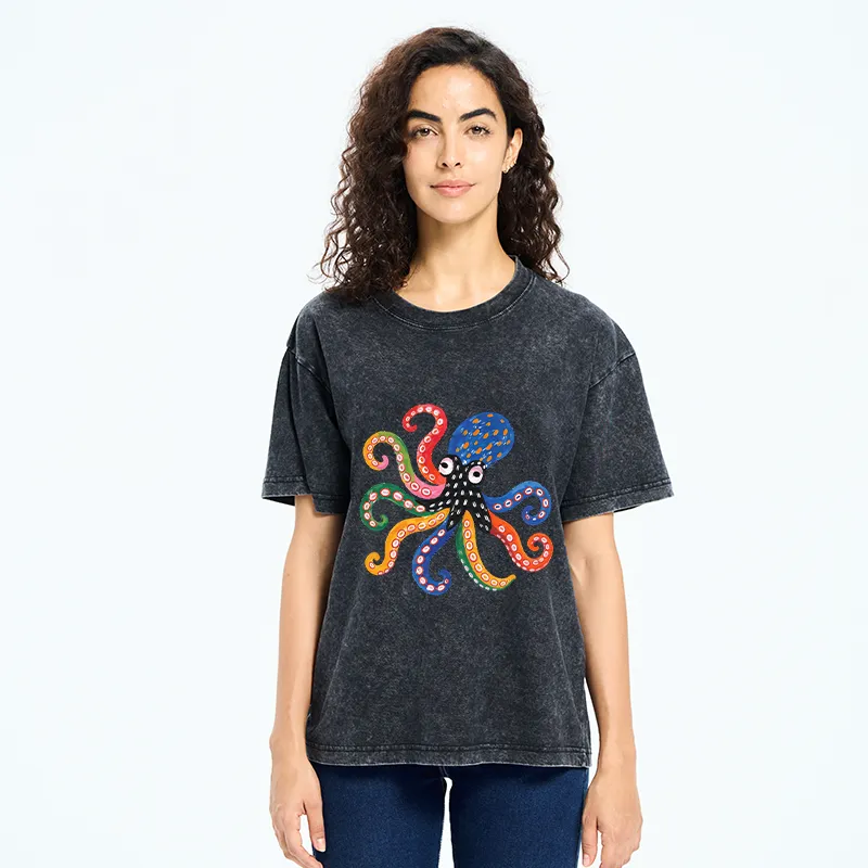 Tokyo-Tiger Bright Rainbow Octopus Washed T-Shirt