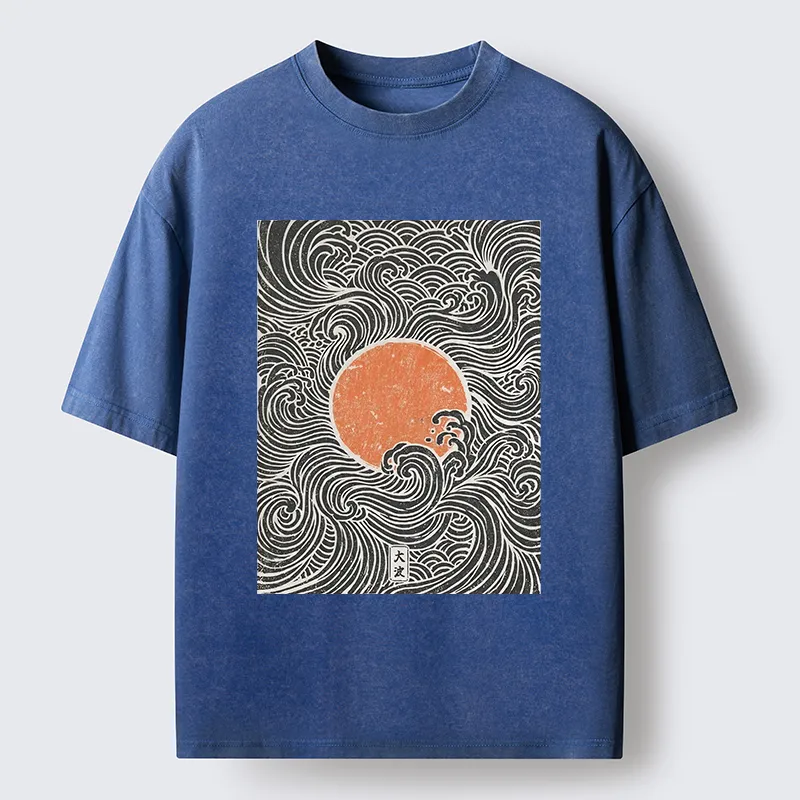 Tokyo-Tiger Ukiyo-e Sun And Waves Washed T-Shirt