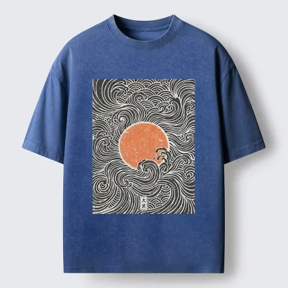 Tokyo-Tiger Ukiyo-e Sun And Waves Washed T-Shirt