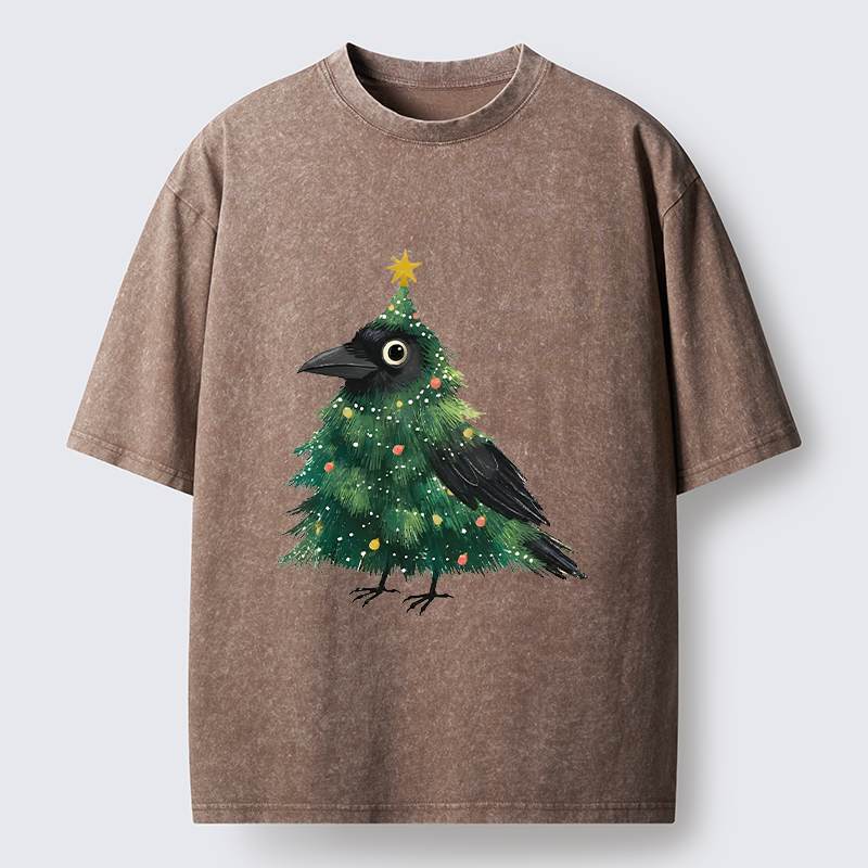 Tokyo-Tiger Cute Christmas Tree Crow Washed T-Shirt