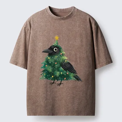 Tokyo-Tiger Cute Christmas Tree Crow Washed T-Shirt