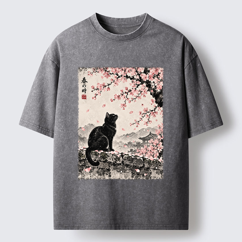 Tokyo-Tiger Spring Black Cat Art Washed T-Shirt