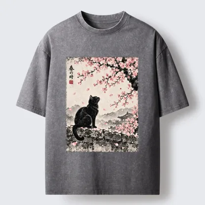 Tokyo-Tiger Spring Black Cat Art Washed T-Shirt