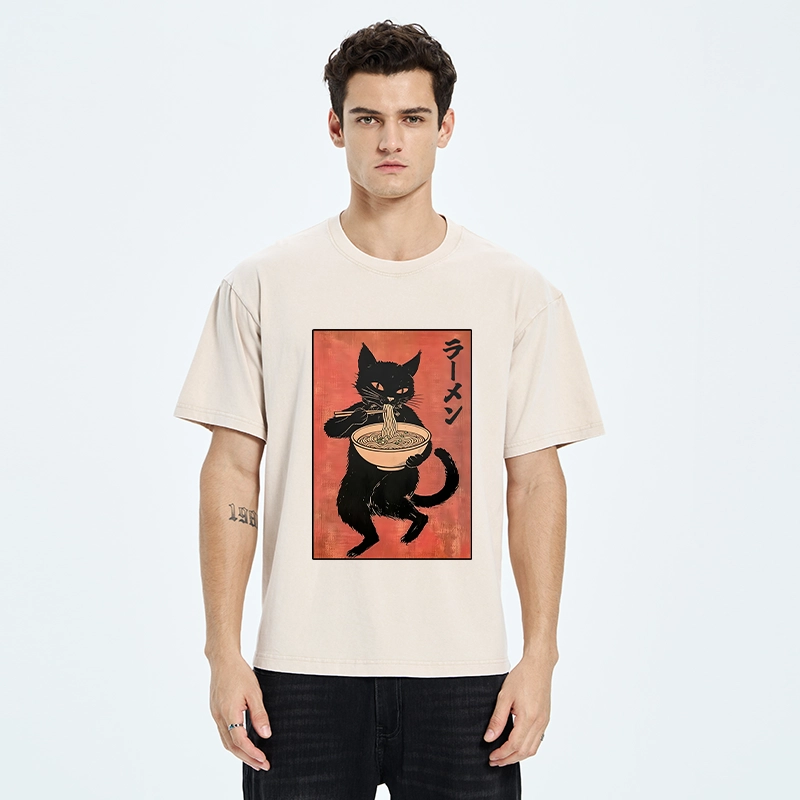 Tokyo‑Tiger Retro Cat Ramen Washed T‑Shirt