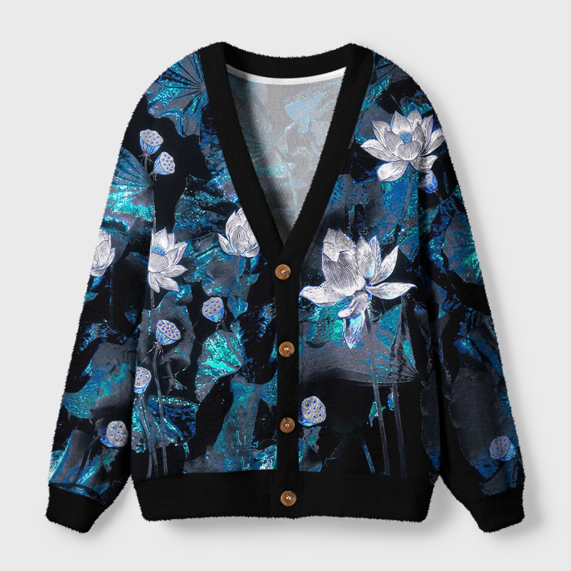 Tokyo-Tiger Dark Oriental Water Lily Floral Ugly Cardigan Sweater