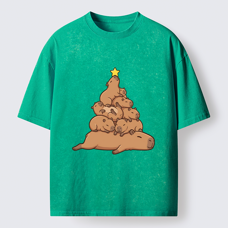 Tokyo-Tiger Funny Stacked Capybara Christmas Tree Washed T-Shirt
