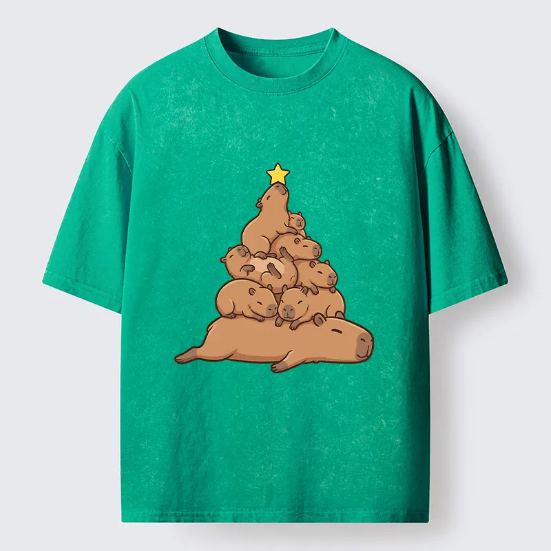 Tokyo-Tiger Funny Stacked Capybara Christmas Tree Washed T-Shirt