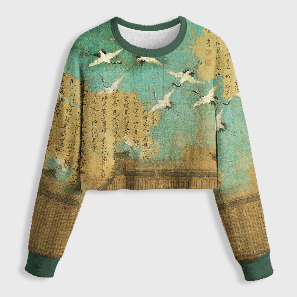 Tokyo-Tiger Chinese Blue-Green Landscape Painting Women's Fuzzy Cropped Sweatshirt