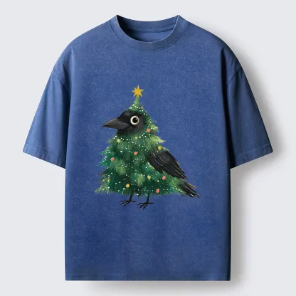 Tokyo-Tiger Cute Christmas Tree Crow Washed T-Shirt