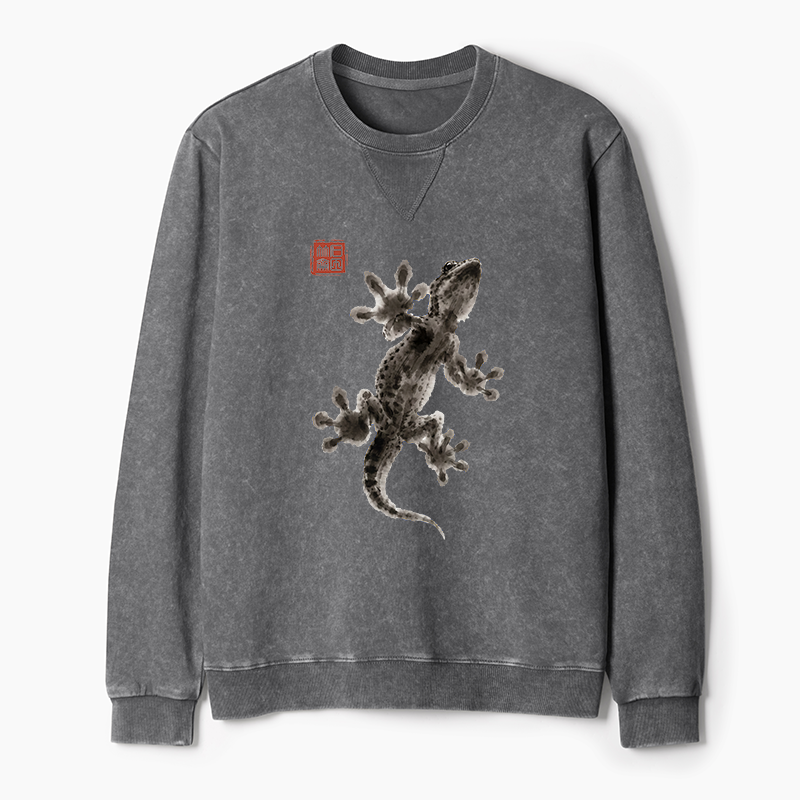 Tokyo-Tiger Minimal Asian Ink Brush Gecko Vibe Washed Terry Sweatshirt
