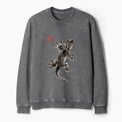 Tokyo-Tiger Minimal Asian Ink Brush Gecko Vibe Washed Terry Sweatshirt