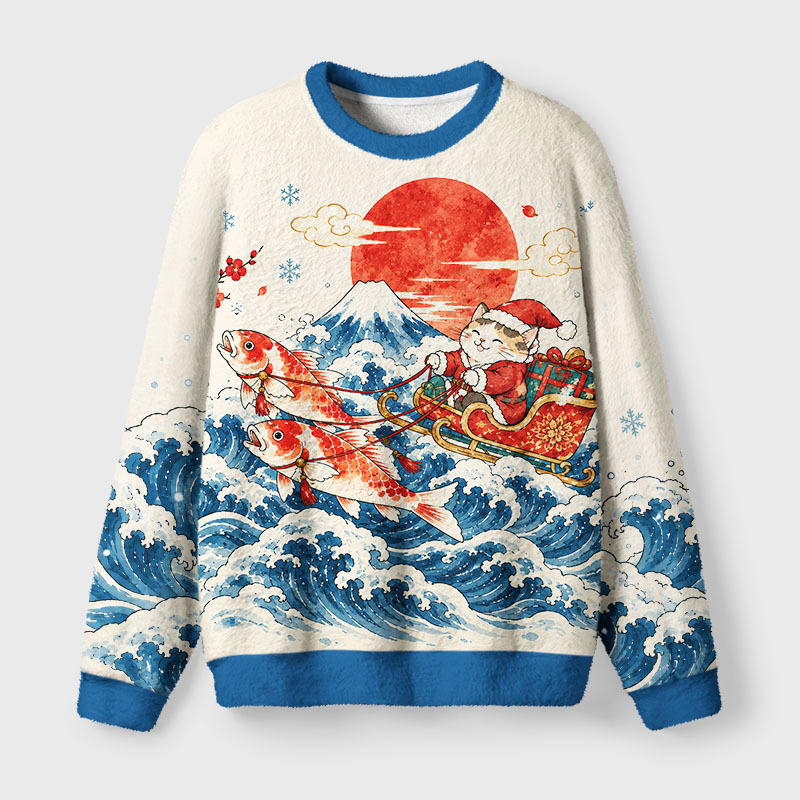 Tokyo-Tiger Cat Surfs Christmas Wave Fuzzy Christmas Ugly Sweatshirt