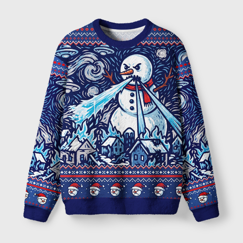 Tokyo-Tiger Starry Night Style Angry Snowman Laser Breath Fuzzy Christmas Ugly Sweatshirt