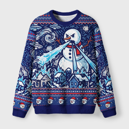 Tokyo-Tiger Starry Night Style Angry Snowman Laser Breath Fuzzy Christmas Ugly Sweatshirt