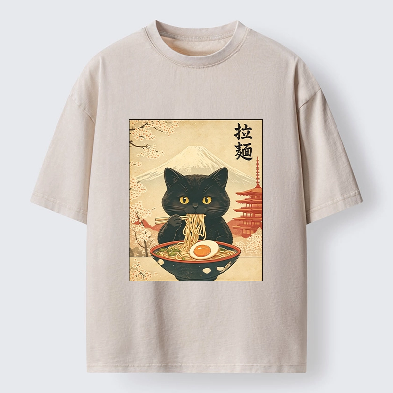 Tokyo‑Tiger Black Cute Cat Ramen Feast Washed T‑Shirt