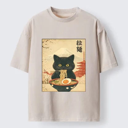 Tokyo‑Tiger Black Cute Cat Ramen Feast Washed T‑Shirt