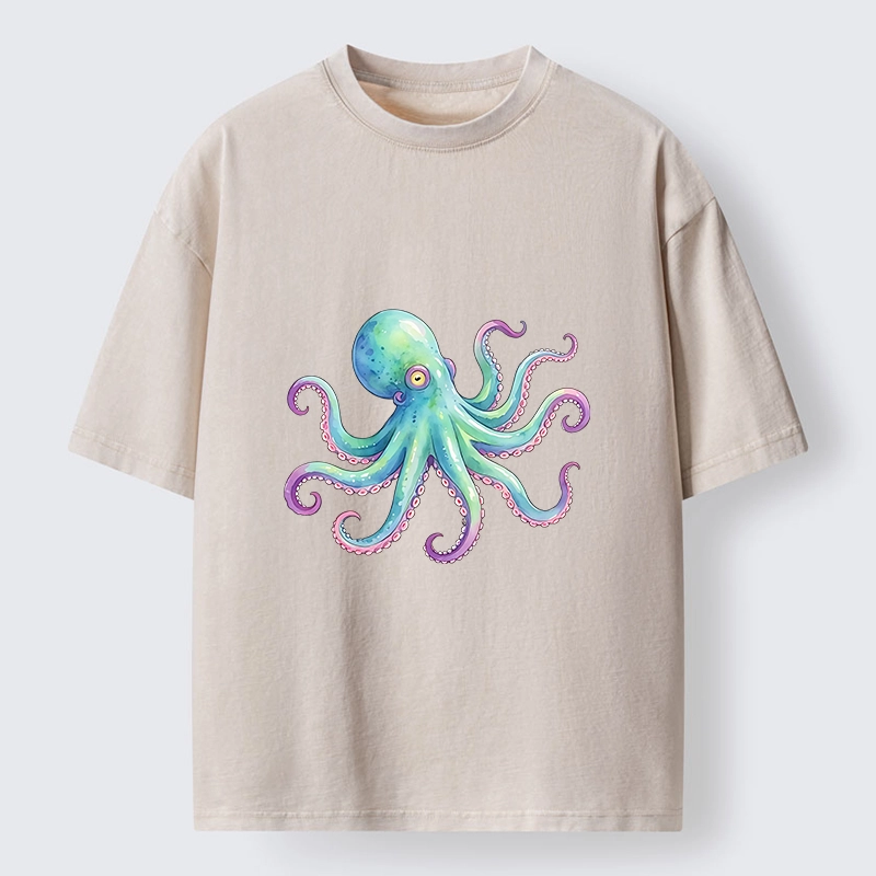 Tokyo‑Tiger Watercolor Octopus Washed T‑Shirt